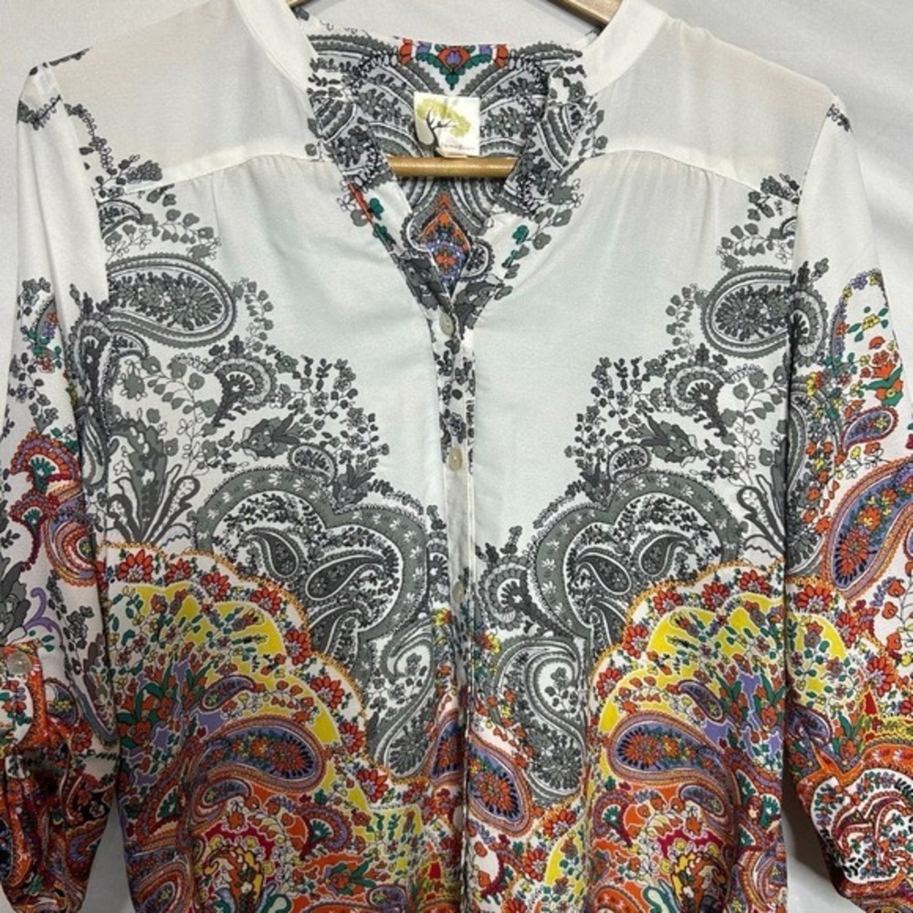 Fig and Flower Womens Paisley‎ Roll Tab Sleeve Blouse Multi Color Size S